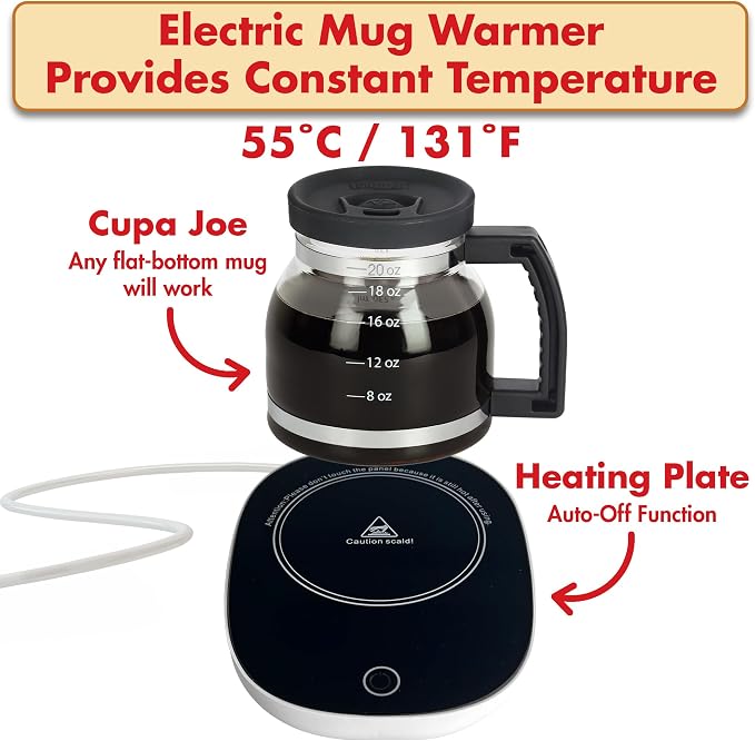 Funwares Cupa Joe Gift Set, 20 oz Glass Coffee Mug + Electric Mug Warmer | Keeps Coffee Hot All Day, One-Touch Warmer with Auto Shut-Off, Spill-Proof Lid, Borosilicate Glass, Desk & Office Gift - Image 2