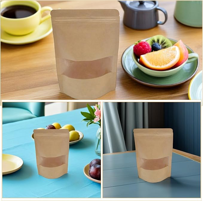 50pcs Kraft Paper Bags with Window, Resealable Stand-up Storage Bags, Food Safe Kraft Paper Packaging for Travel Items, Tea, and Pantry Organizing - Image 3