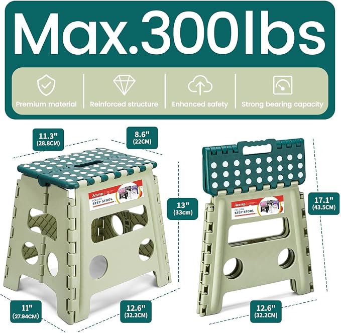 ACSTEP Foldable Step Stool for Adults 13 Inch, 300 lbs, Green | Lightweight Stepping Stool with Handle and Non-Slip Surface, for Reaching Kitchen Cabinets, Bathroom Shelves and Closets - Image 3