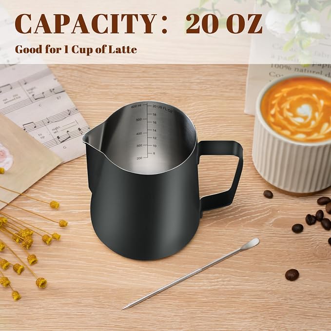 Amrules Milk Frothing Pitcher, 20oz Milk Frother Cup with Clear Scale, 304 Stainless Steel Cappuccino Espresso Machine Accessories for Barista Coffee Bar with Latte Art Pen, Black - Image 4
