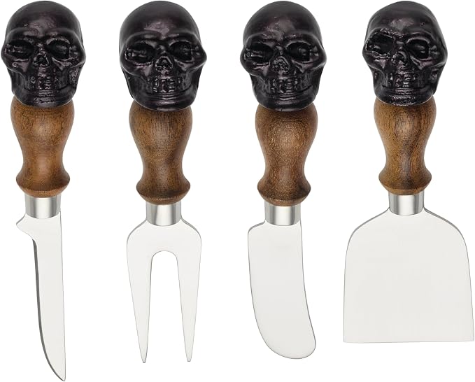 Oneida Vintro Halloween Skull Cheese Knife Set, 4-Piece | includes chisel, pronged knife, fork, spreader | carved wood handles | halloween charcuterie, cheese knife set by Oneida