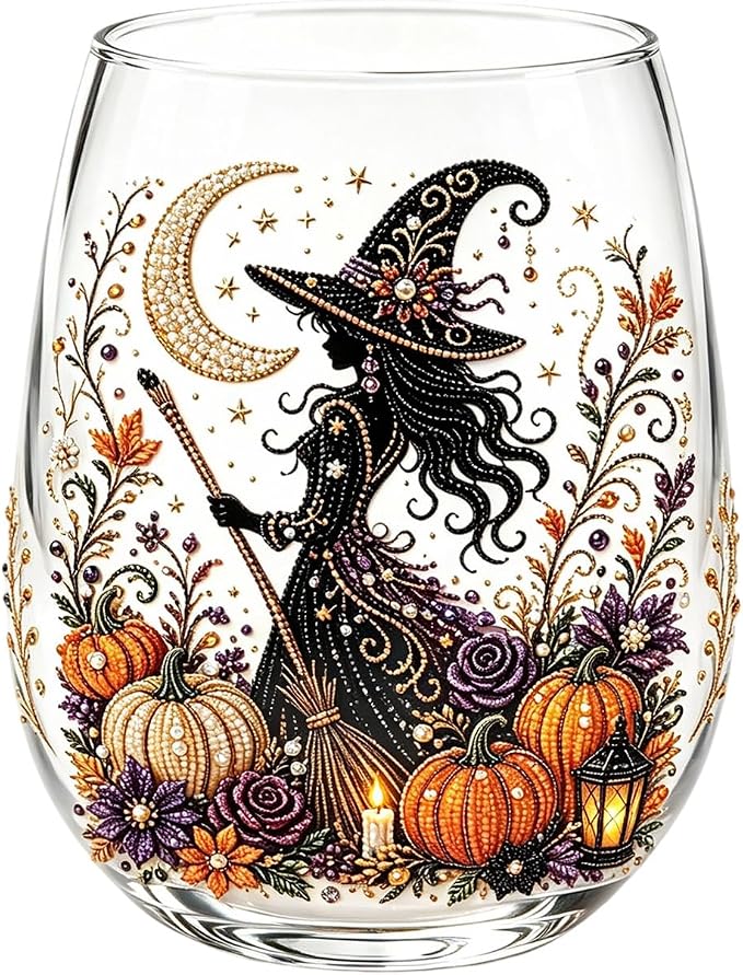 3D Halloween Autumn Glass Art Cup,Stemless Holiday Glassware Collection | Fantasy Fall Witch Wine Glasses,Holiday Printed Table Ornaments,Magical Halloween Home Decor Gifts for Various Beverages by Unknown