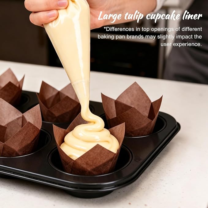 100pcs Extra Large Size Tulip Cupcake Liners for Baking Cups, Food Graded Parchment Paper Large Muffin Liners Holders, Greaseproof Cup cake Wrappers for Party, Christmas by Neyimqr (Coffee) - Image 6
