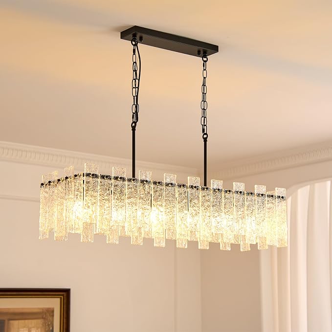 Modern Rectangle Black Crystal Chandeliers for Dining Room, L39" Large Rectangular Water Ripple Glass Island Light Fixture, 6-Lights Hanging Pendant Light for Kitchen Island, Living Room by HSMKL