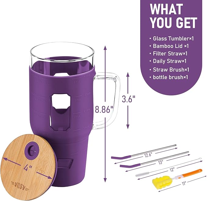 Glass Cups with Handle and Bamboo Lids - 40 oz Tumbler with Stainless Steel Straw | Glass Water Bottle with Silicone Sleeve for Coffee, Smoothi, Hot, Cold Drinks for Travel, Office, Home (Purple)