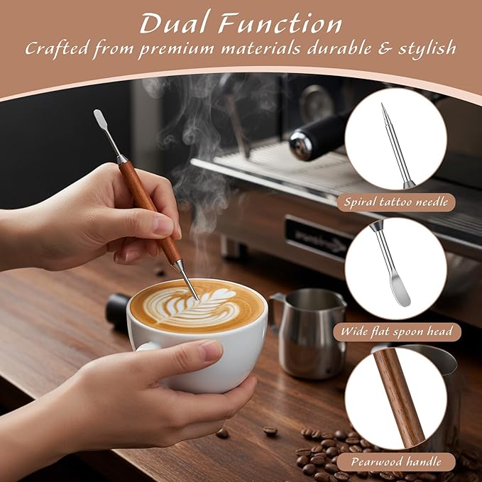 2PCS Latte Art Pen Set Coffee Drawing Tool with Wood Handle Latte Art Pen with Coffee ArtStencils Double-Ended Barista Accessories for CoffeeBar Creating Professional Espresso Tools Home Cafe