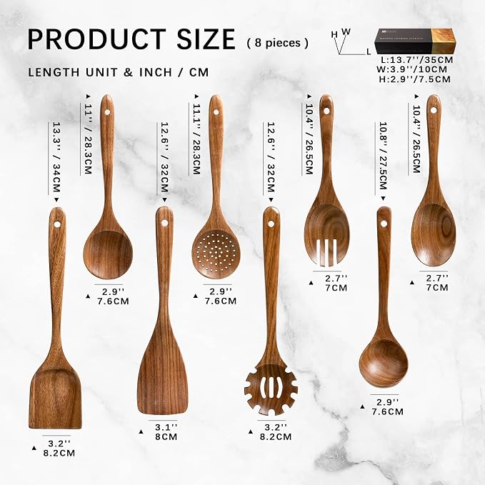 Wooden Spoons for Cooking, 8-Piece Acacia Wood Cooking Utensil Set | Spoons and spatulas stir, mix, flip and serve; balanced handles offer control while staying gentle on nonstick cookware. - Image 2