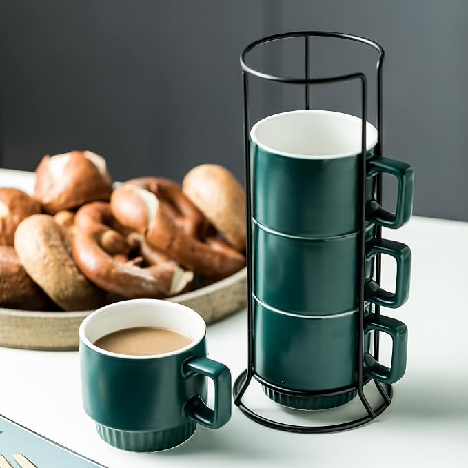 Miamolo Stackable Coffee Mugs Set of 4 with Holder Spoons 11oz Ceramic Cappuccino Cups for Espresso Latte Tea Drinks, Father's Day,Dishwasher & Microwave Safe, Green - Image 4