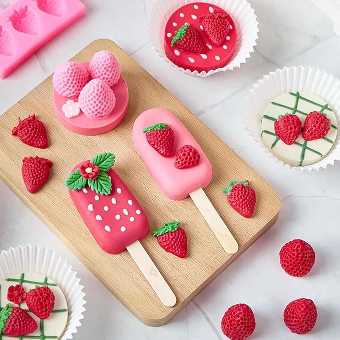 4 Pcs Strawberry Fondant Molds, Strawberry Chocolate Molds, 3D Flower Fruit Silicone Baking Molds for Cake Decoration, Cupcake Topper, Candle, Clay, Wax Making