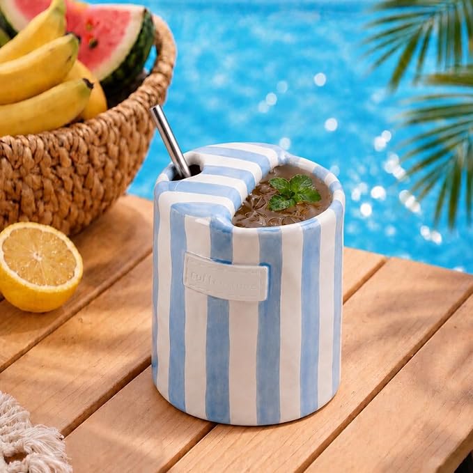 1 Pack Ceramic Coffee Mug with Sip Hole Espresso Cup 10oz with Straws Retro Hand Painted Striped Ceramic Iced Coffee Tea Travel Mug Latte Cup for Kitchen Dining (Simple,Blue) - Image 5