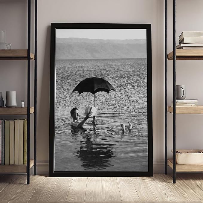 Man Floating in Lake With Book And Umbrella, Old Photography 1920s, Black And White Poster Canvas Poster Wall Art Decor Print Picture Paintings for Living Room Bedroom Decoration Black Frame 08x12in(2 - Image 4