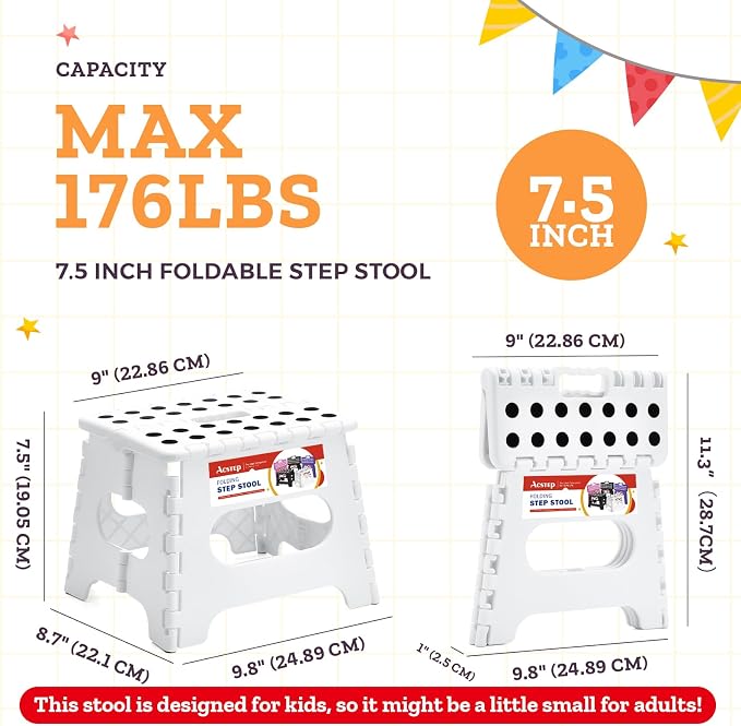 ACSTEP Collapsible Step Stool 7.5 Inch, Small Folding Stool, 176 lbs, White | Lightweight Foldable Step Stool for Kids and Adults with Handle, for Kitchen, Bathroom, Car, and Compact Home Storage - Image 4