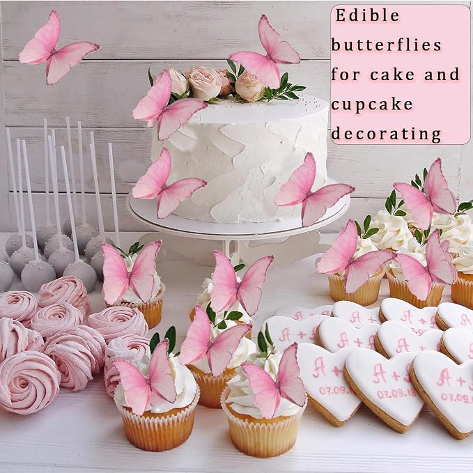 YOcity 48Pcs Edible Butterflies Cake Cupcake Toppers Pink Wafer Paper Butterfly Cake Decorations for Wedding Birthday Party Cupcakes Decorating Pink - Image 5
