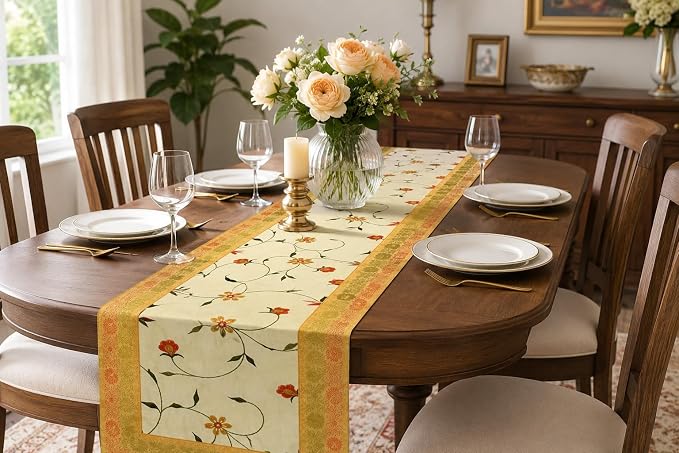 Hand Embroidered Silk Table Runner, Cream Floral Vine Design Decorative Table Linen for Dining Table, Kitchen, Coffee Table, Console, Wedding Reception, Birthday & Home Décor, 60 x 16 Inches by Unknown