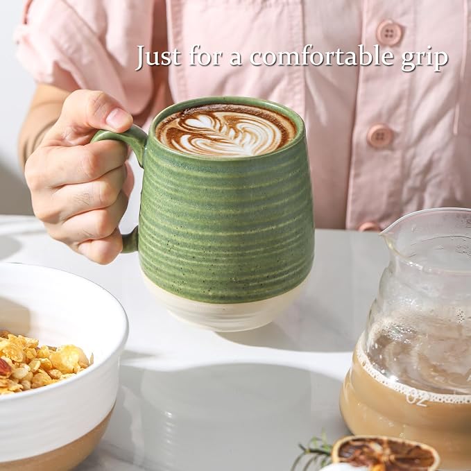 HASENSE 20 oz Coffee Mug, Large Green and Beige Stoneware Cup, Oversized Ceramic Tea Mug with Ergonomic Handle, Microwave and Dishwasher Safe, Perfect for Coffee, Tea, Soup, Hot Cocoa - Image 5
