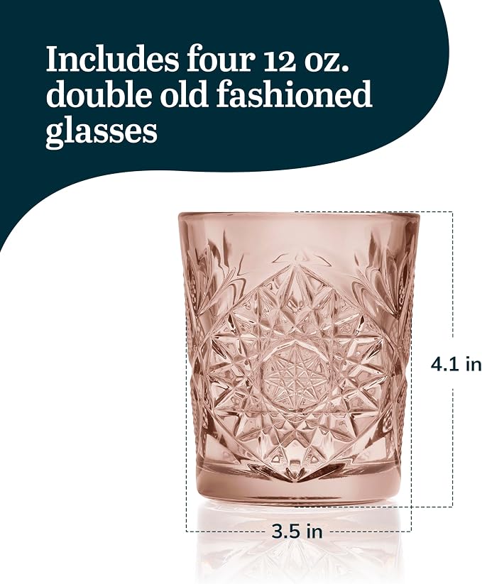 Libbey Hobstar Double Old Fashioned Glasses,Rose Colored Cut Glass Drinking Glasses Set of 4, Durable, Vintage Whiskey Glasses for Cocktail, Drinks - Image 3