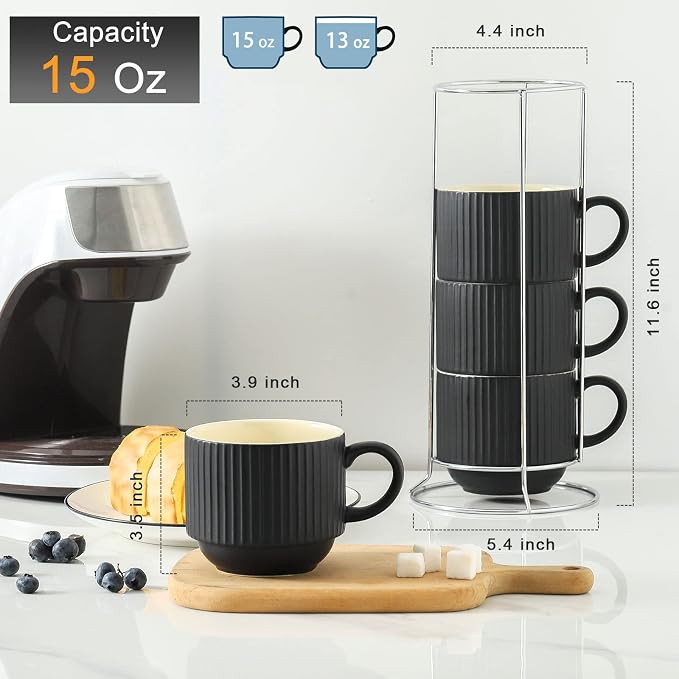 HASENSE Coffee Mug Ceramic Set of 4 with Stand, Stackable Large Latte Cups with Metal Stand, Dishwasher & Microwave Safe, Black for Cappuccino Tea Hot Cocoa - Image 3