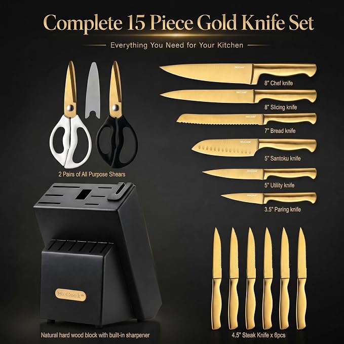 McCook® Knife Sets, Golden Titanium Stainless Steel Kitchen Knife Block Sets with Built-in Sharpener, 15 Piece Knives, Restaurant Grade Sharp, Elegant Gold & Stylish Wooden Block for Modern Culinary | German Forged Stainless Steel,15 PC,Razor Sharp,Ant... - Image 2