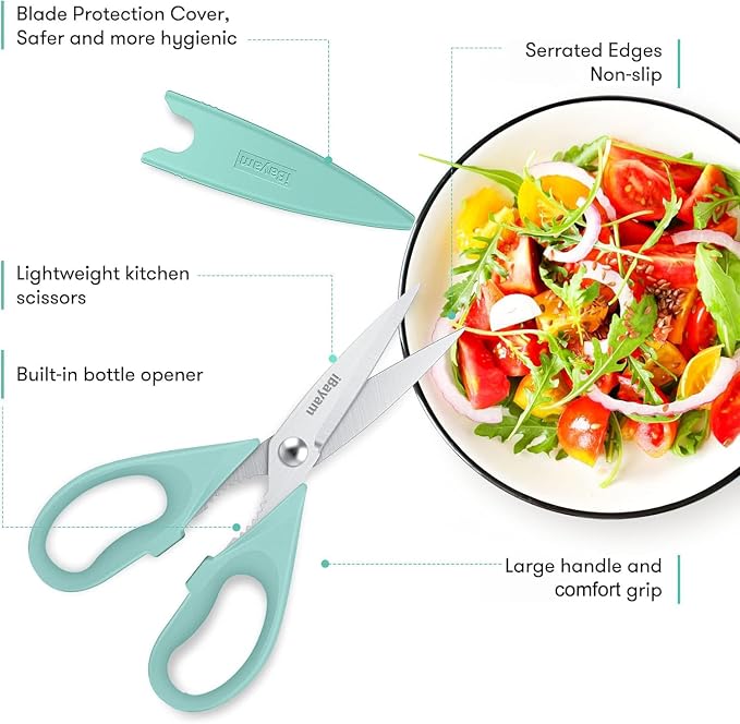 iBayam 2 Pack All Purpose Kitchen Scissors Shears Heavy Duty, Blade Covers | Stainless Steel Blade, Soft Comfort-Grip Handle, Dishwasher Safe, Food & Meat Scissors, Home, Kitchen, Dining Utility Gadgets - Image 2