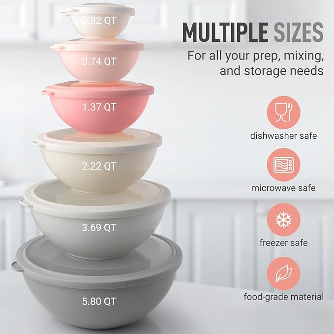 Zulay Kitchen 12 Piece Plastic Mixing Bowls with Lids Set - Colorful Mixing Bowl Set for Kitchen - Nesting Bowls with Lids Set - Microwave and Freezer Safe (Pink Ombre) - Image 3
