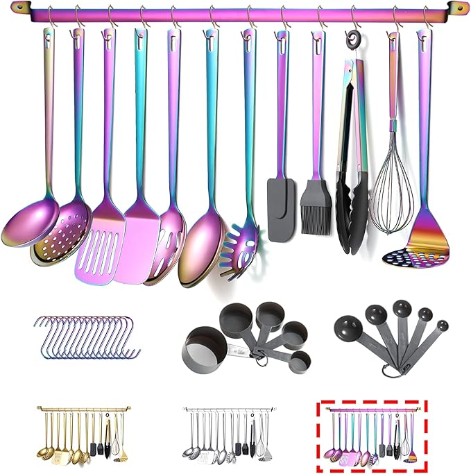 Rainbow Cooking Utensils Set, Kyraton Stainless Steel 37 Pieces Kitchen Utensils Set with Titanium Colorful Plating, Kitchen Tool Gadgets Set with Utensil Rack Heat Resistant Dishwasher Safe by Kyraton
