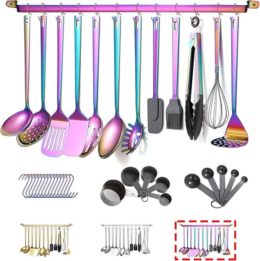 Rainbow Cooking Utensils Set, Kyraton Stainless Steel 37 Pieces Kitchen Utensils Set with Titanium Colorful Plating, Kitchen Tool Gadgets Set with Utensil Rack Heat Resistant Dishwasher Safe by Kyraton