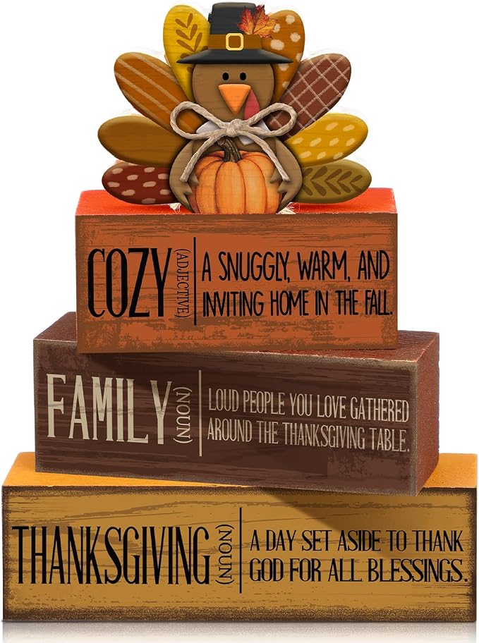 Moucuny 4 Pcs Fall Decorations for Home Wooden Turkey Decor Thanksgiving Tiered Tray Decor Thanksgiving Table Centerpiece Rustic Wooden Pumpkin Turkey Block Sign for Autumn Harvest Party Kitchen Shelf by Moucuny