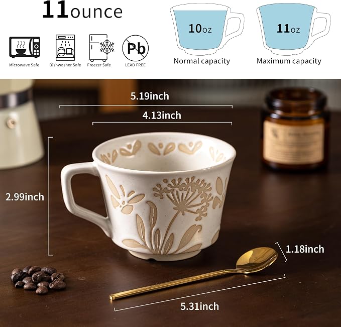 Coffee Mugs Set of 4 with Gold Spoon, 11 oz Porcelain Mug, Ceramic Tea Cups with Handle for Men Women, Hand-painted Mug, Birthday Housewarming Wedding Gift, Dishwasher Microwave Safe - Image 2