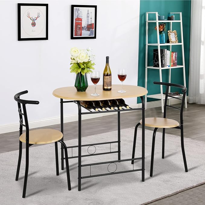 VINGLI 3 Piece Dining Set,Small Kitchen Table Set for 2,Breakfast Table Set for 2,Kitchen Wooden Table and 2 Chairs for Small Space/Dining Room/Apartment,Metal Frame,Wine Rack,Black&Natural - Image 3