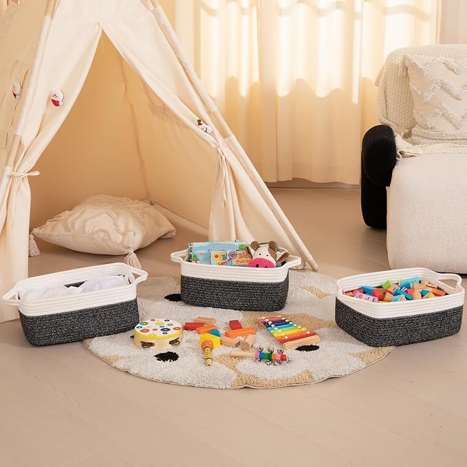 OIAHOMY 3 Pack Storage Baskets for Organizing, Woven Cotton Rope Basket for Shelves, Closet Organizer Bins with Handles, Rectangle Toy Organization, 13.78''×9.84''×5.5'', Black & White - Image 5