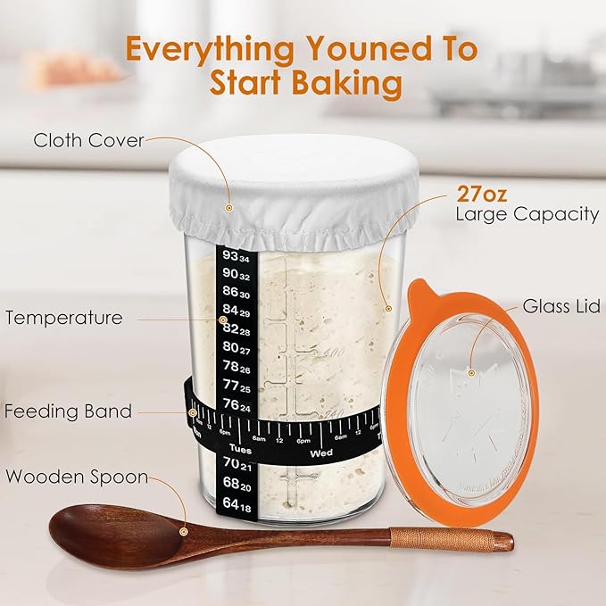 Sourdough Starter Jar Glass, Wide Mouth Sourdough Starter Jars, Sourdough Starter Kit with Wooden Spoon, Cloth Cover, Glass Lids, Sourdough Starter Jar 27oz for Sourdough Bread Baking Supplies