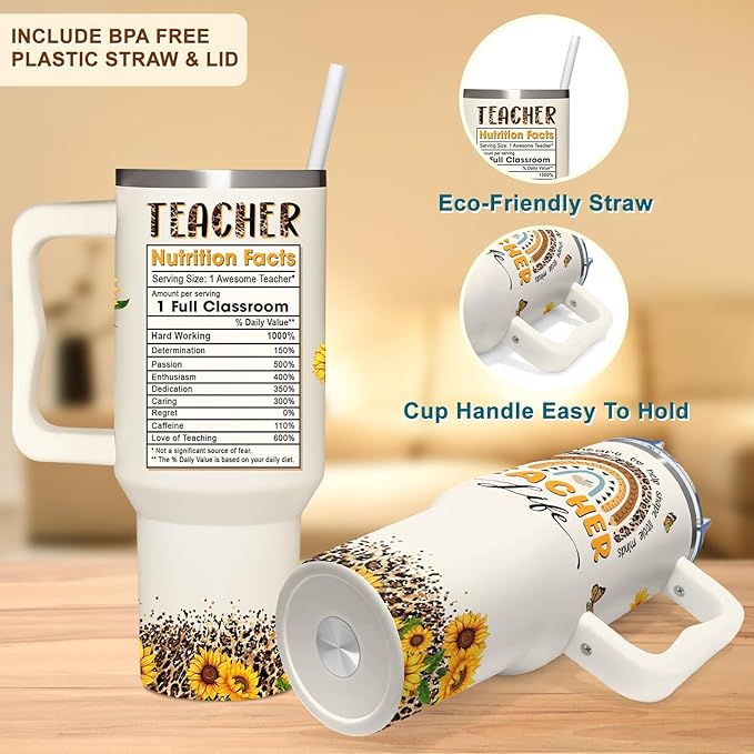 Teacher Appreciation Sunflower Tumbler 40Oz With Handle - Christmas and Graduation Gifts for Women, Thank You From Students