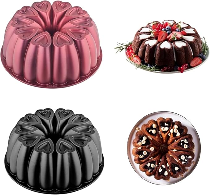 Heart Shape Aluminum Cake Pan, Titanium Coating, Non-Stick, 12 Cups, Gifts for Mom, 10 Inch Baking Mold, Cast Aluminum Fluted Tube Pan, Easy to Clean (2-Pack, Black-Red) by MIENCA