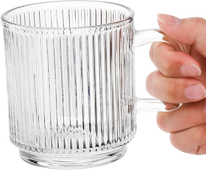 Noamus 6 Pack Premium Glass Coffee Mugs with Handle, 12 Oz Classic Vertical Stripes Glass Tea Cups, Transparent Ribbed Beverage Mugs, Clear Vintage Glassware Set for Hot Cold Americano, Cappuccino - Image 9