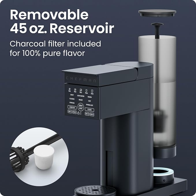 Chefman Caffeinator Single Serve Coffee Maker, Brew Kcups & Grounds, Drip Coffee Machine with Brew Strength Settings, Iced Coffee Function, 45 oz. Removable Water Reservoir - Image 8