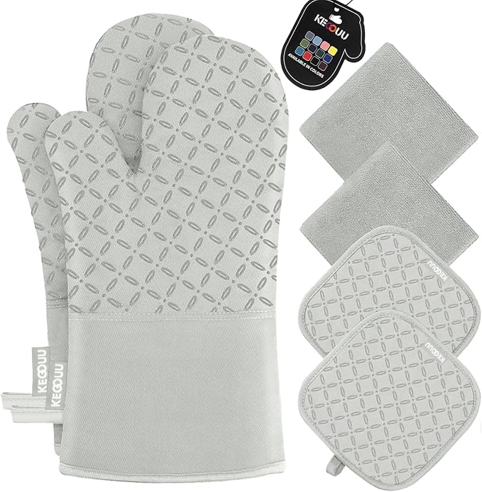 KEGOUU Oven Mitts and Pot Holders 6pcs Set, Kitchen Oven Glove High Heat Resistant 500 Degree Extra Long Oven Mitts and Potholder with Non-Slip Silicone Surface for Cooking （Greenish Gary） by KEGOUUOvenMitt