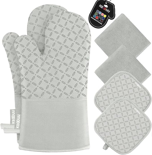 KEGOUU Oven Mitts and Pot Holders 6pcs Set, Kitchen Oven Glove High Heat Resistant 500 Degree Extra Long Oven Mitts and Potholder with Non-Slip Silicone Surface for Cooking （Greenish Gary） by KEGOUUOvenMitt