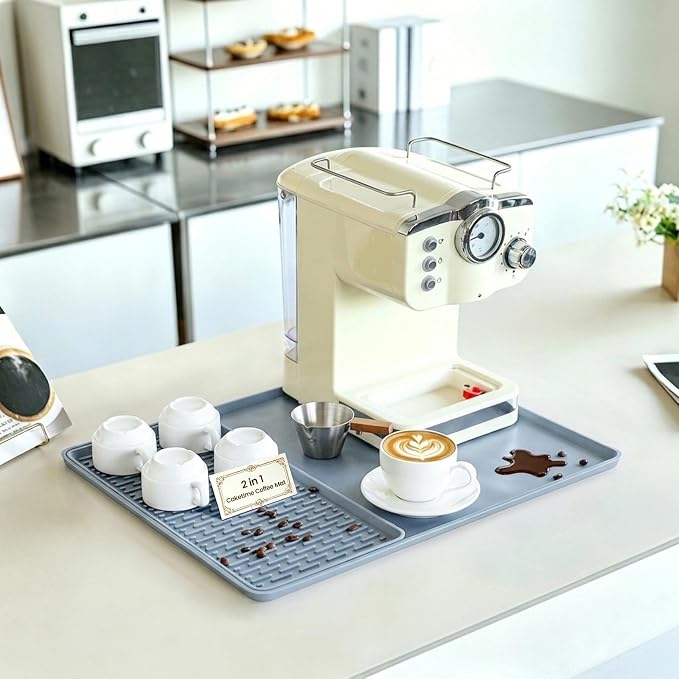 Caketime 2 In 1 Silicone Coffee Bar Mat Accessories for Keurig Coffee Maker with Detachable Dish Drying Rug Kitchen Counter Under Sink Drainer Necessities Rome Decor 16"x20" Light Gray by CAKETIME