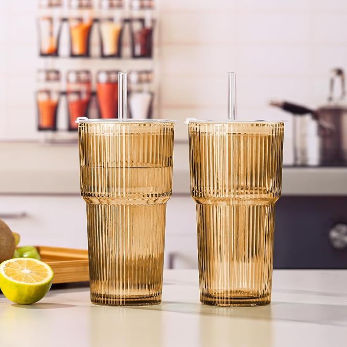 Amber Drinking Glasses，4PCS Amber Ribbed Glass Cups with Lids and Straws, 20oz Vintage Drinking Glasses, Aesthetic Iced Coffee Cups, Brown Yellow Glass Cup - Image 6