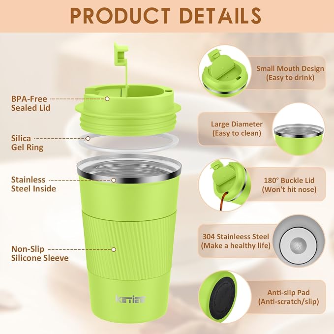 KETIEE Coffee Mug 12oz, Insulated Travel Mug with Leakproof Lid, Double Wall Vacuum Travel Coffee Mug Stainless Steel Reusable Coffee Cup for Hot and Iced Coffee Tea Water (Green) - Image 3