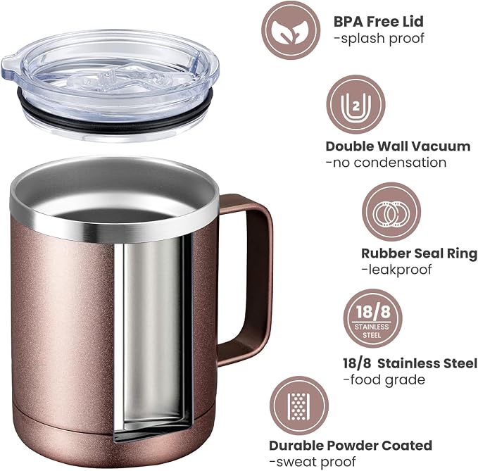 MEWAY 12oz Coffee Mug With Handle and Sliding Lid,Stainless Steel Travel Tumbler Cup with Handle,Double Wall Vacuum Insulated Camping Cup for Hot & Cold Drinks Tea (Rose Gold,Set of 1 - Image 2