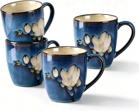 12oz Coffee Mugs Set of 4, Hand-Painted Floral Stoneware Cups with Handle, Dishwasher Microwave Oven Safe, Cappuccino Mugs for Latte, Tea, Espresso & Hot Cocoa, for Home Kitchen & Cafe, Dark Blue by WHITEPENOY