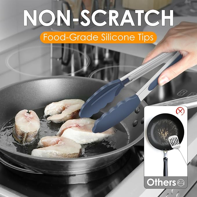 HOTEC Premium Stainless Steel Locking Kitchen Tongs with Silicon Tips, Set of 3-7", 9" and 12" (Neutral) - Image 3