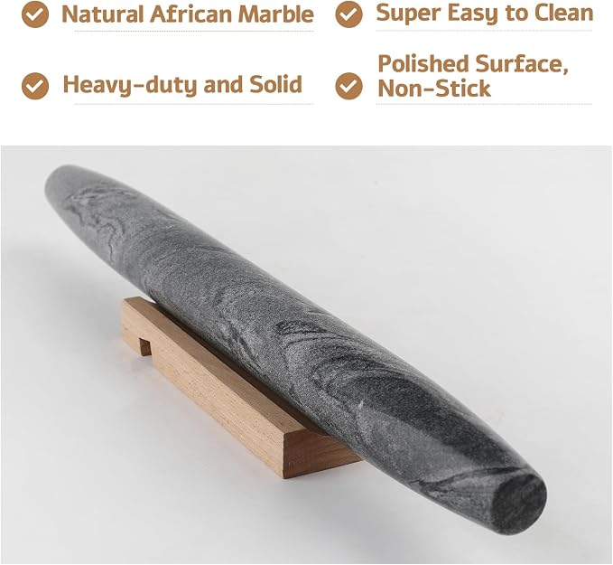 African Natural Marble French Rolling Pin, 16inch Non-Stick Rolling Pin for Baking, Dough Roller for Pasta, Dumpling, Fondant, Pie, Bread, Pizza, Kitchen Baking Tools(Monte Grigio) - Image 3