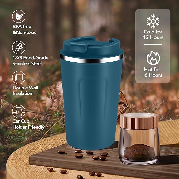 Volhoply 12 oz Double Wall Insulated Vacuum Travel Coffee Mug with Flip Lid,Reusable Stainless Steel Leak Proof Coffee Cup,Portable Iced Cafe Thermal Tumbler Suitable for Hot & Cold Drinks(Bule,1 Set) - Image 5