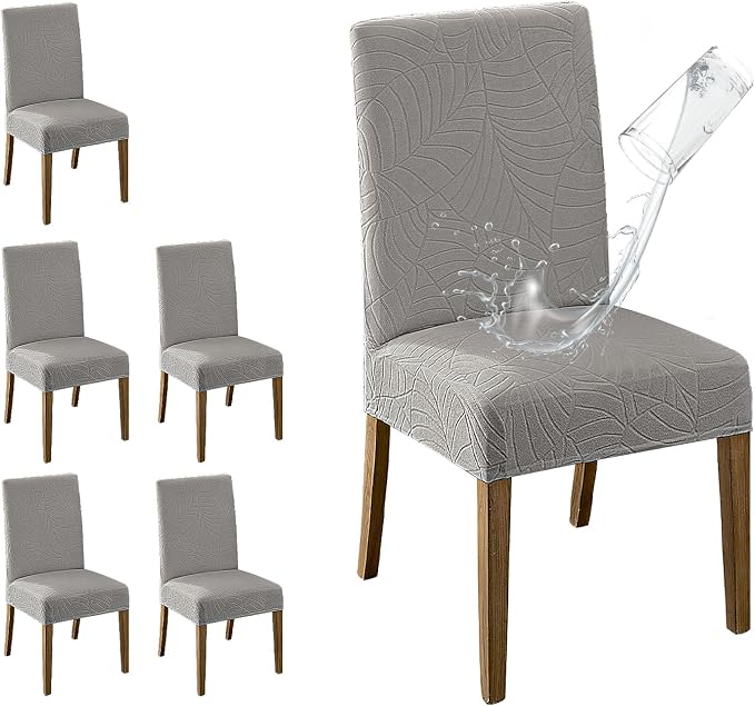 MOSAYT 100% Waterproof Dining Room Chair Covers Set of 6, Super Fit Stretch Jacquard Parson Chairs Slipcovers Removable Washable Chair Seat Protectors for Home, Kitchen, Banquet (Light Grey - XL) by MOSAYT