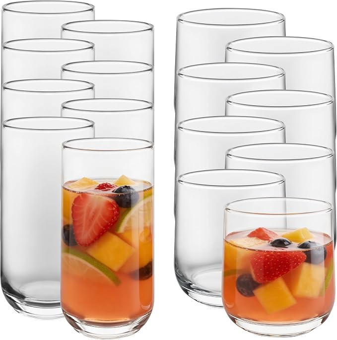 Libbey Ascent Tumbler & Rocks Drinking Glasses Set of 16, Clear Glass Cups | 16.25 oz & 12.25 oz Capacities Glasses for Water, Juice, Cocktails, and More with Curved Design and Dishwasher-Safe Care by Libbey