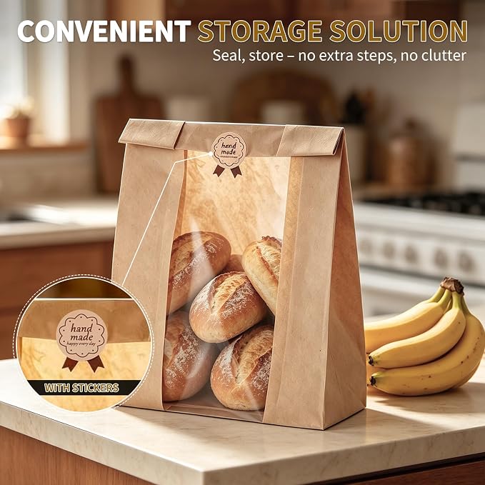 Banana Bread Packaging, Bread Packaging for Homemade, 50 Pcs 13.78" × 8.27" × 3.54" Bags with Clear Window and 50 Stickers, Water and Oil Repellent, Easy to Use, Well-Sized for Baked Goods - Image 3