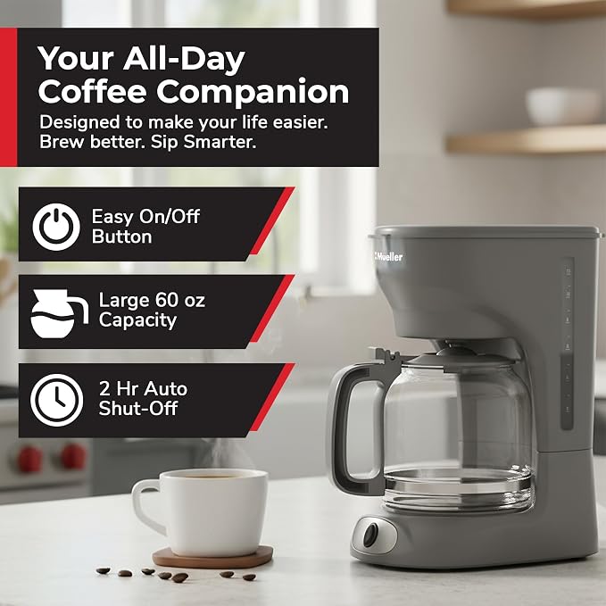 MUELLER HOME 12-Cup Drip Coffee Maker, Gray | Borosilicate Carafe, Auto-Off, Reusable Filter, Anti-Drip, Keep-Warm Function - Image 2