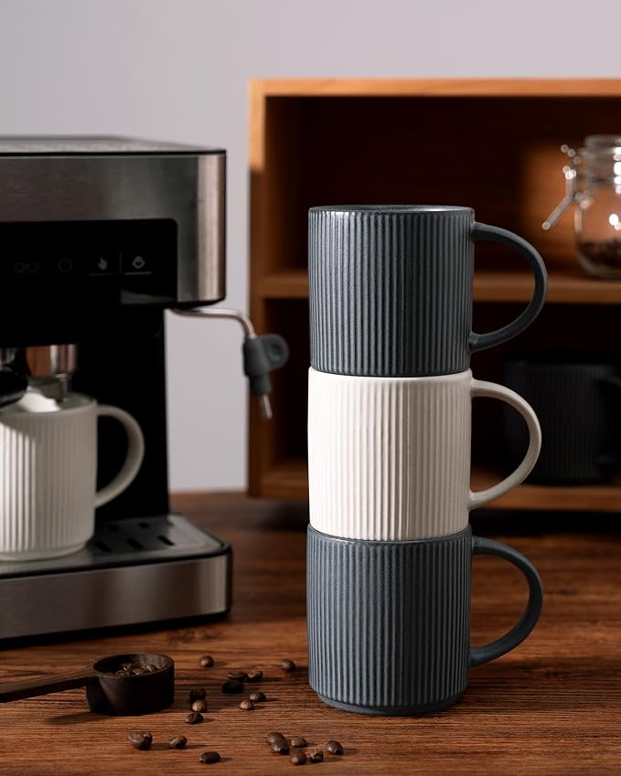 famiware Coffee Mug Set for 4, Star 12 oz Catering Mugs Cup Set with Handle for Coffee, Tea, Cocoa, Milk - Ceramic Stoneware Drinkware Set, Matte White + Matte Black - Image 7